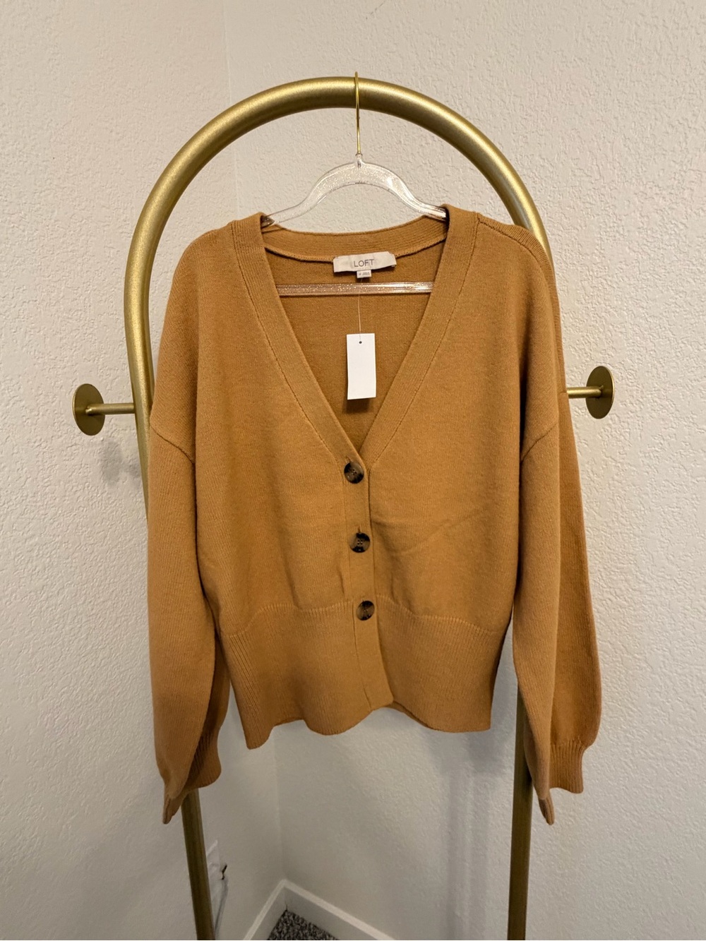 LOFT Camel Button-Front V-Neck Cardigan